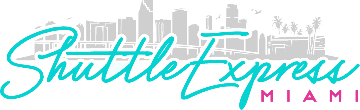 Logo of shuttle express miami featuring a stylized city skyline in white with a teal script text overlay.